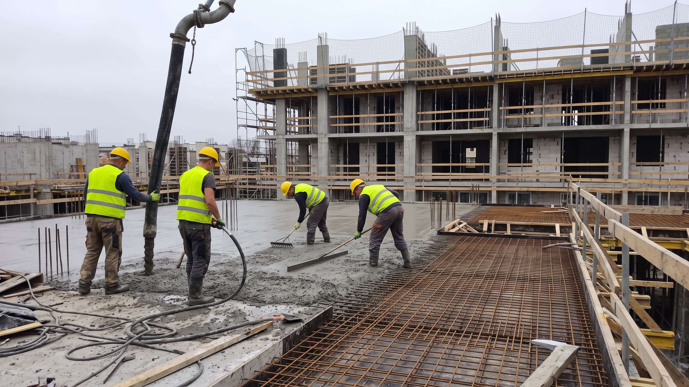 Betonowanie stropu monolitycznego z pompy, ekipa rozkłada i zagęszcza beton wibratorem
