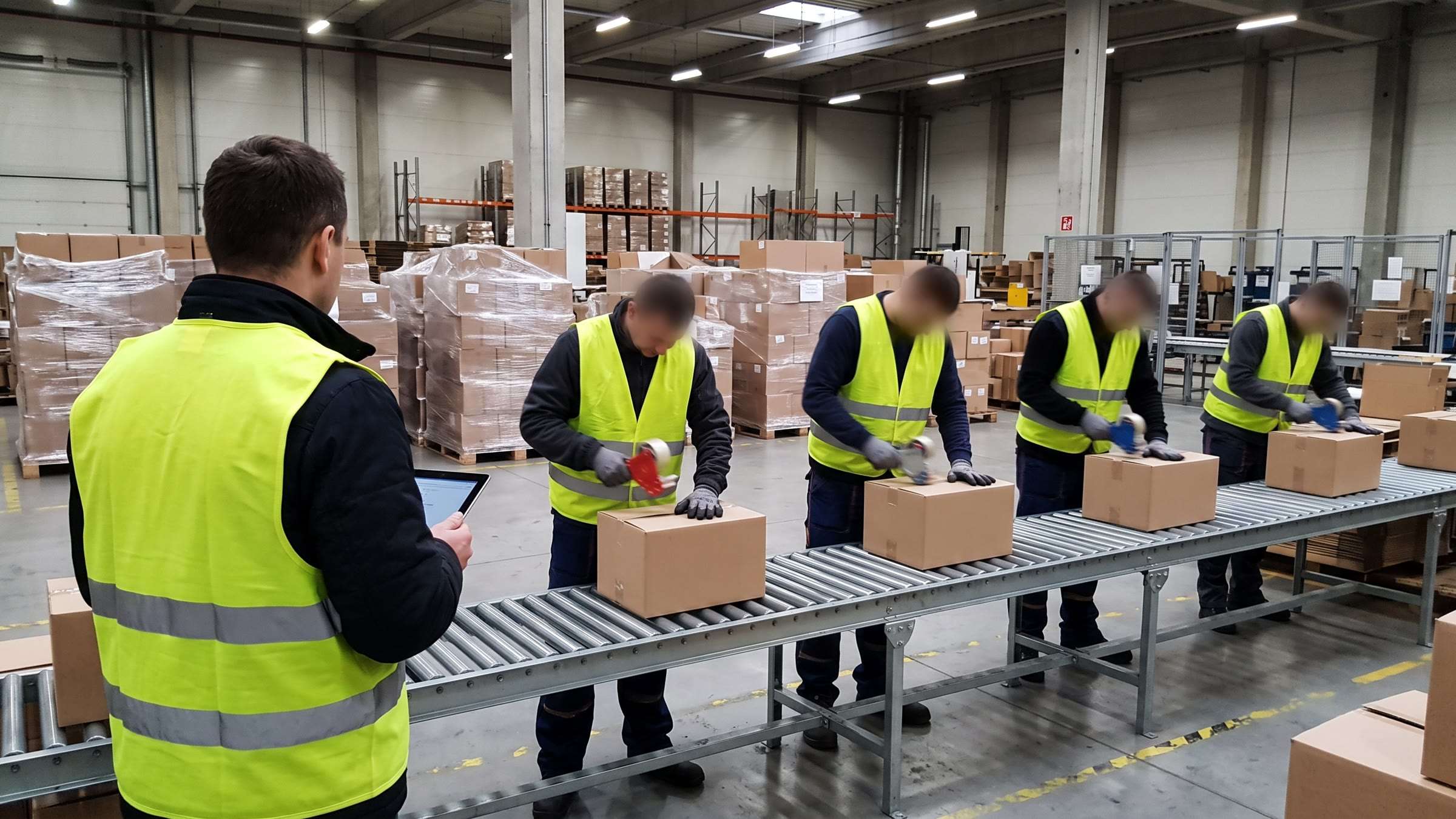 Obsługa linii produkcyjnych: pracownicy w kamizelkach pakują kartony na przenośniku w hali