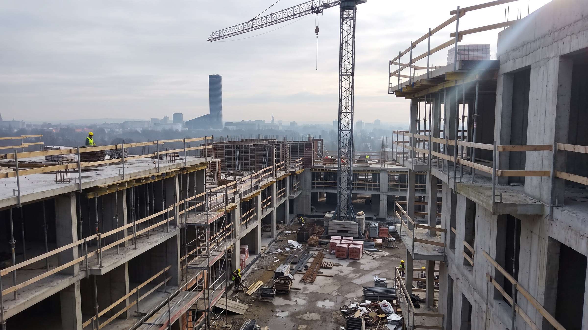 Ekipy budowlane we Wrocławiu: budowa osiedla z żurawiem, w tle Sky Tower