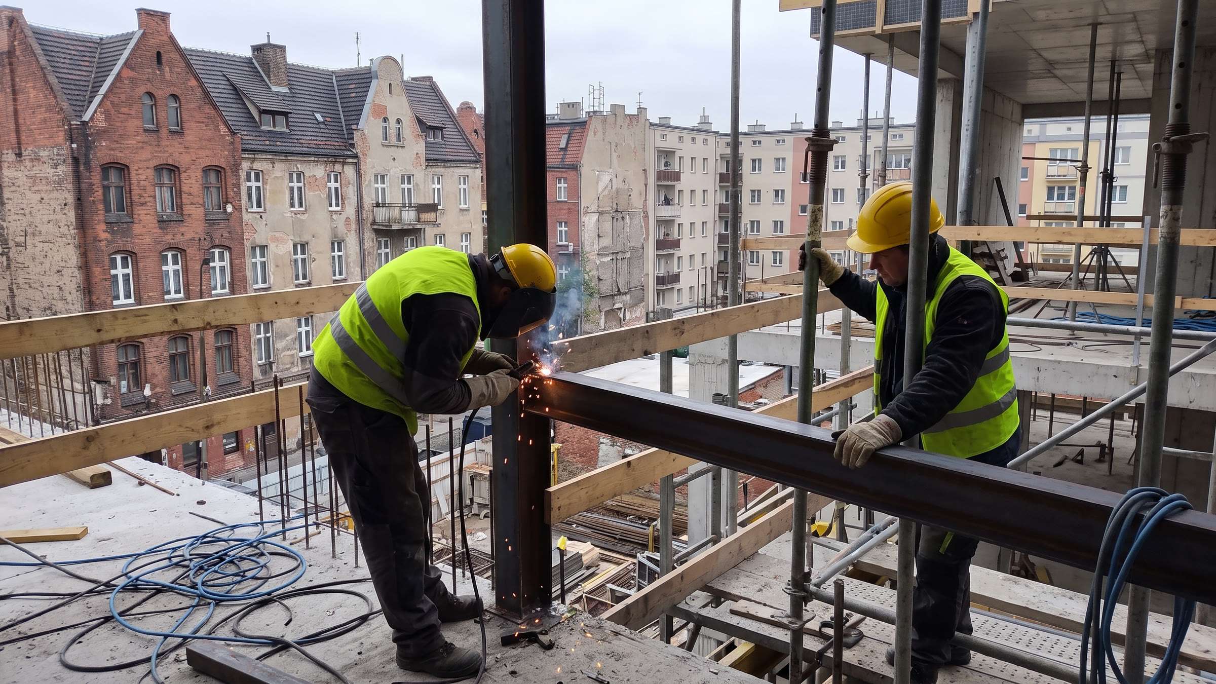 Spawanie i montaż belki stalowej na budowie we Wrocławiu wśród kamienic